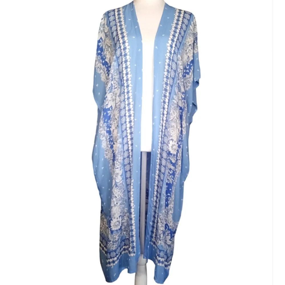 Ann Taylor LOFT Blue Floral Open Front Lightweight Kimono Ruana Poncho Large